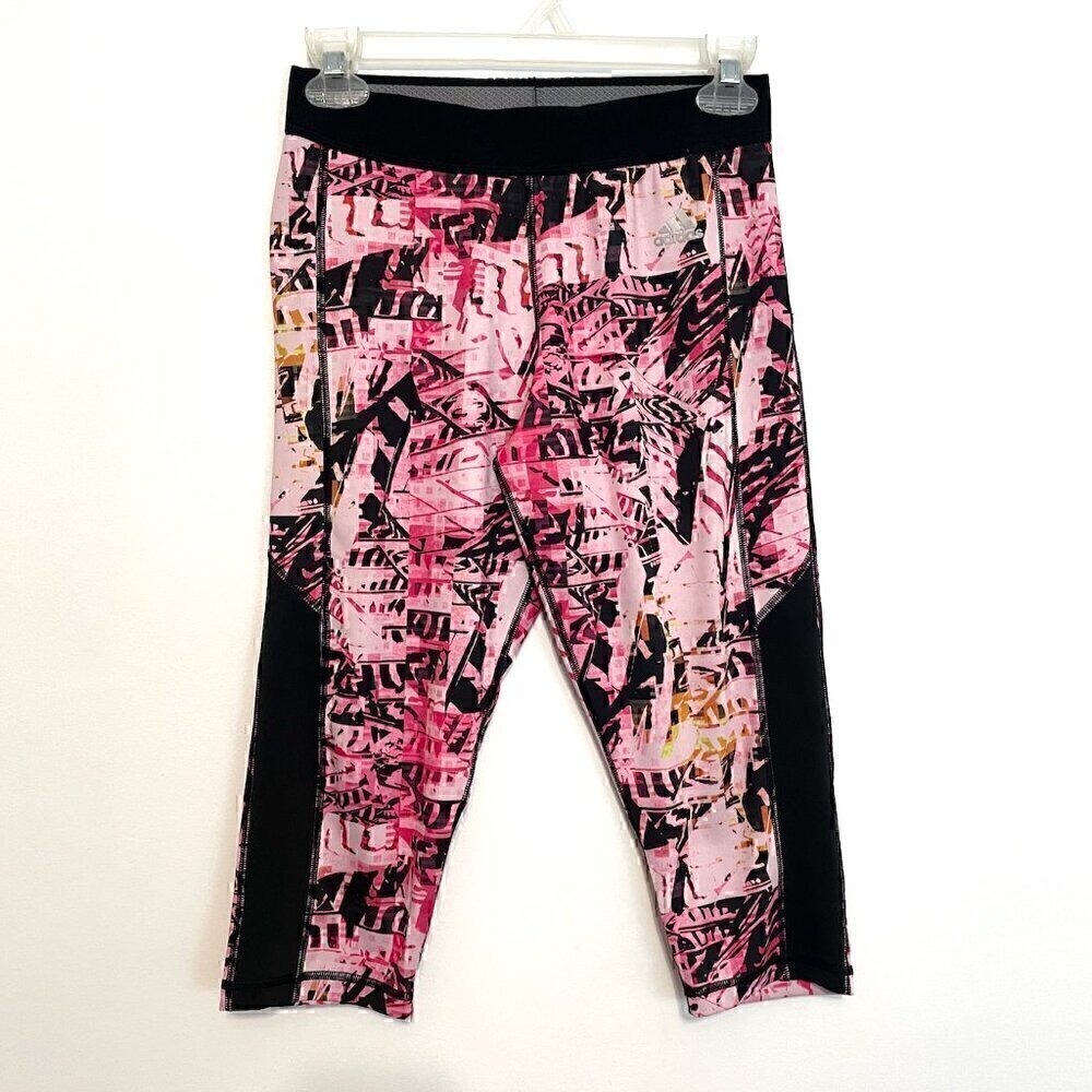 ADIDAS TechFit Printed Capri Leggings Climalite Pink Black Geo Geometric Active - Picture 2 of 14